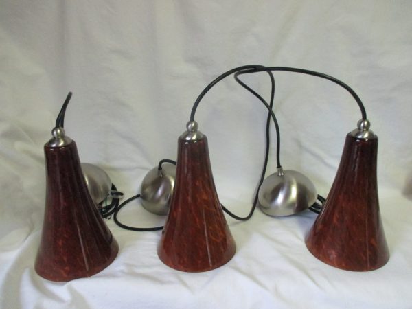 Beautiful Ceiling Pendant Lights Brown Rust with Goldstone highlights Large vintage fixtures brushed nickle trim set of 3 Blown Glass
