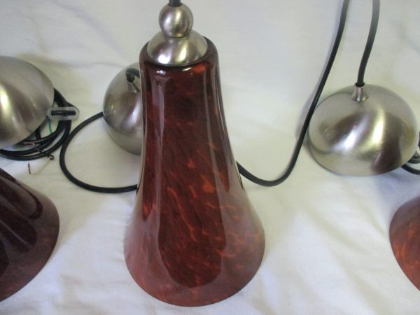 Beautiful Ceiling Pendant Lights Brown Rust with Goldstone highlights Large vintage fixtures brushed nickle trim set of 3 Blown Glass