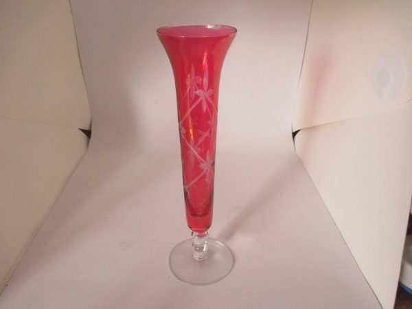 Beautiful Cranberry glass cut to clear tall bud flower vase shabby chic cottage collectible display vase holiday decor