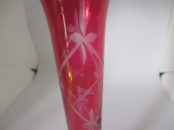 Beautiful Cranberry glass cut to clear tall bud flower vase shabby chic cottage collectible display vase holiday decor