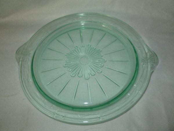 Beautiful Depression Glass Uranium Serving tray platter cake plate handled glows bright green under blacklight decor collectible glass