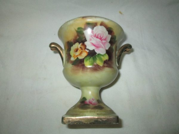 Beautiful Enesco Japan Hand Painted Pedestal Urn Pink and Yellow Roses