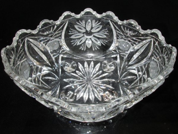 Beautiful Footed and Etched Crystal Oblong Bowl Floral Etched pattern Scalloped rim