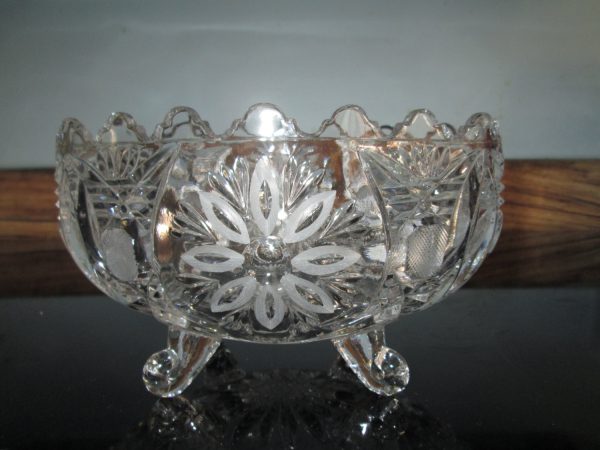 Beautiful Footed and Etched Crystal Oblong Bowl Floral Etched pattern Scalloped rim