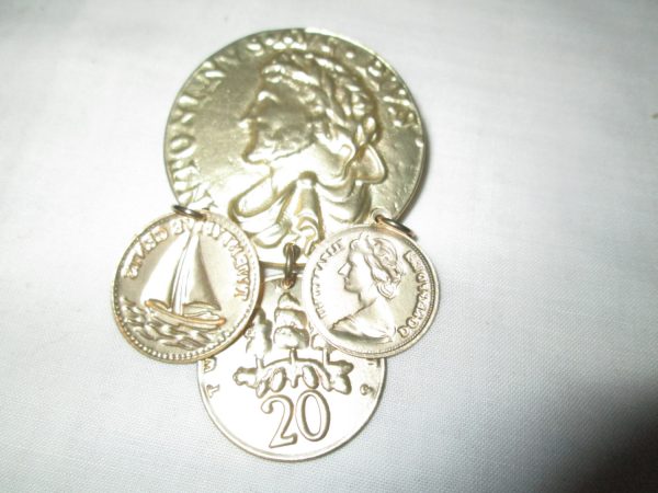Beautiful Goldtone Brooch Pin Coins