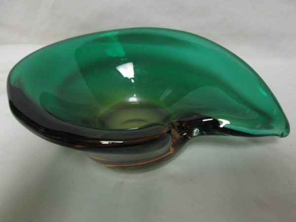 Beautiful Green Art Glass Dish Large Mid Century Modern Green with Orange Glass Fantastic Shape