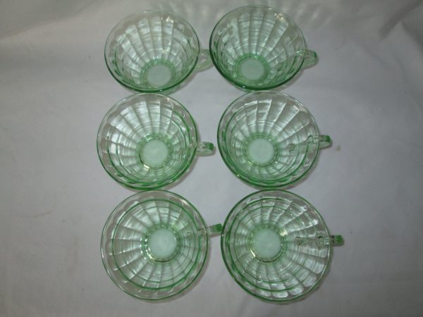 Beautiful green depression glass set of 6 block pattern teacups