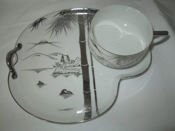 Beautiful Hahusan Vintage Tea Cup and Snack tray plate Fine Bone China Japan White with Silver Bamboo & landscape