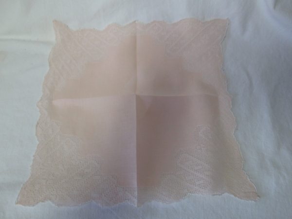 Beautiful Handkerchief Hanky Peach Cotton and Lace Detailed Special occasion bridal wedding collectible display shabby chic cottage decor