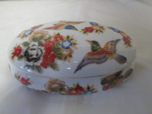 Beautiful japanese covered trinket or jewely dish bird and flowers bright and vivid colors fine china 1940's Oval