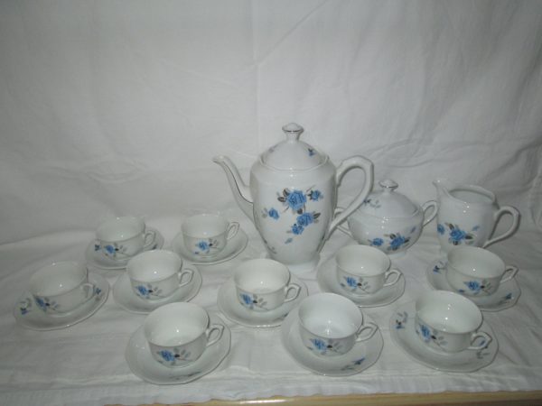 Beautiful Limoges Chocolate or Tea Set 10 Tea Cup Saucers Creamer Sugar Stunning Pattern Block style Blue Roses with Grey Retro MOD