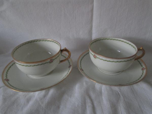 Beautiful Limoges France Single Tea cup and saucer white with green and pink gold trimmed