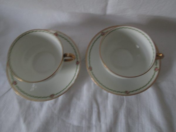 Beautiful Limoges France Single Tea cup and saucer white with green and pink gold trimmed