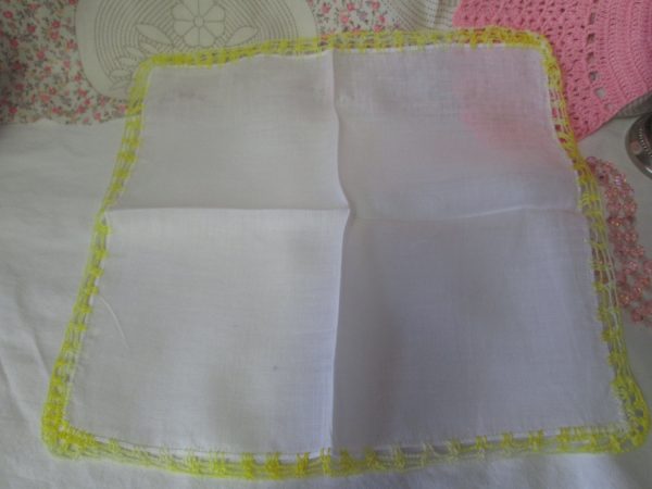 Beautiful Linen Handkerchief fabric hankie with Yellow Crochet Trim Great Condition