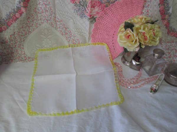 Beautiful Linen Handkerchief fabric hankie with Yellow Crochet Trim Great Condition