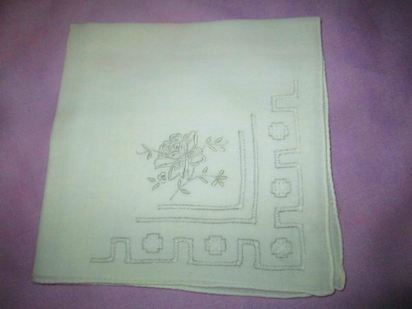Beautiful Machine embroidered hankie with cut work handkerchief wedding White with gray orante embroidered cottage decor display collectible
