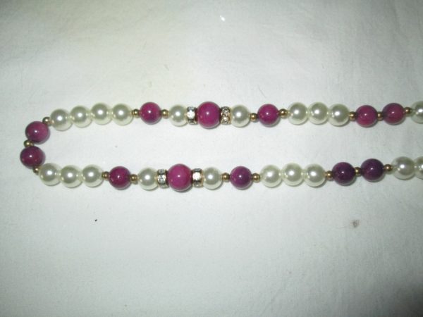 Beautiful Necklace Pearl with purple glass beads gold trim beads with rhinestones between