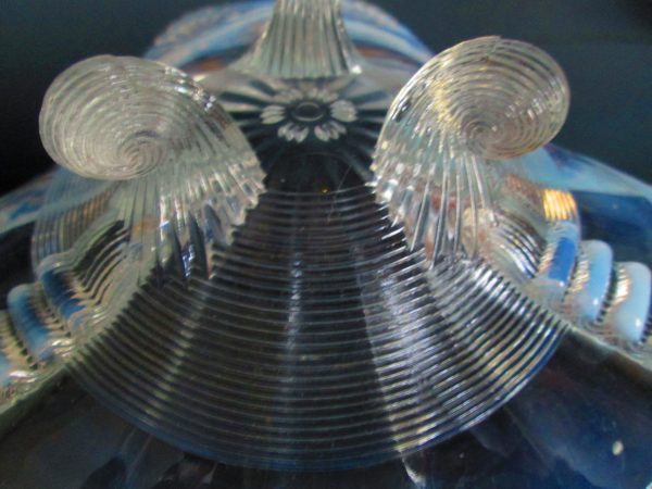 Beautiful Opalescent Ruffle rim dish white and clear footed with ribbed glass Center Bowl