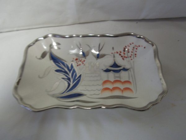 Beautiful Pagoda Handpainted Yeoman Plate Bowl Trinket Dish Pin Dish  Hanley England Japanese Design trimmed in silver