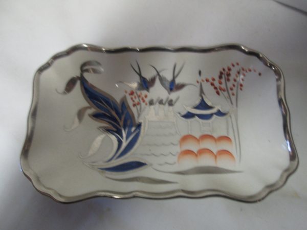 Beautiful Pagoda Handpainted Yeoman Plate Bowl Trinket Dish Pin Dish  Hanley England Japanese Design trimmed in silver