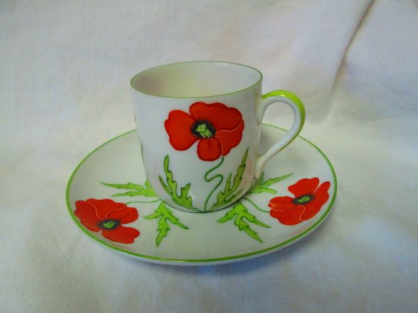 Beautiful Poppy Demitasse Tea Cup and Saucer Made in Germany Bright Orange Poppies and Green Leaves