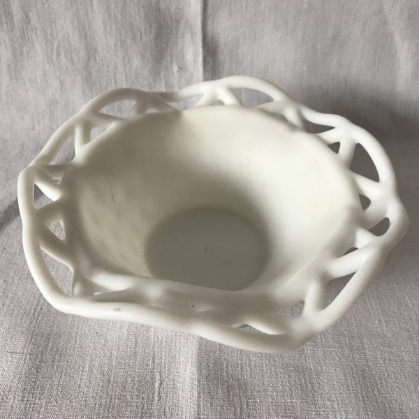 Beautiful Reticulated Basket bowl with Raised Dot Pattern around the outside White Bowl Decorative