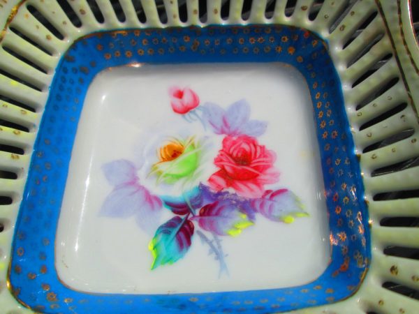 Beautiful Reticulated pierced rim porelain Hand Painted Occupied Japan Bowl Dish Floral with blue and gold