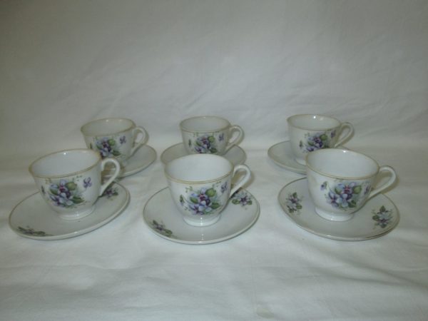 Beautiful Set of 6 Vintage Made in Japan Demetasse Cups and Saucers Violas Purple with green floral