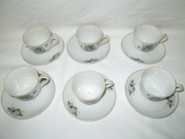 Beautiful Set of 6 Vintage Made in Japan Demetasse Cups and Saucers Violas Purple with green floral