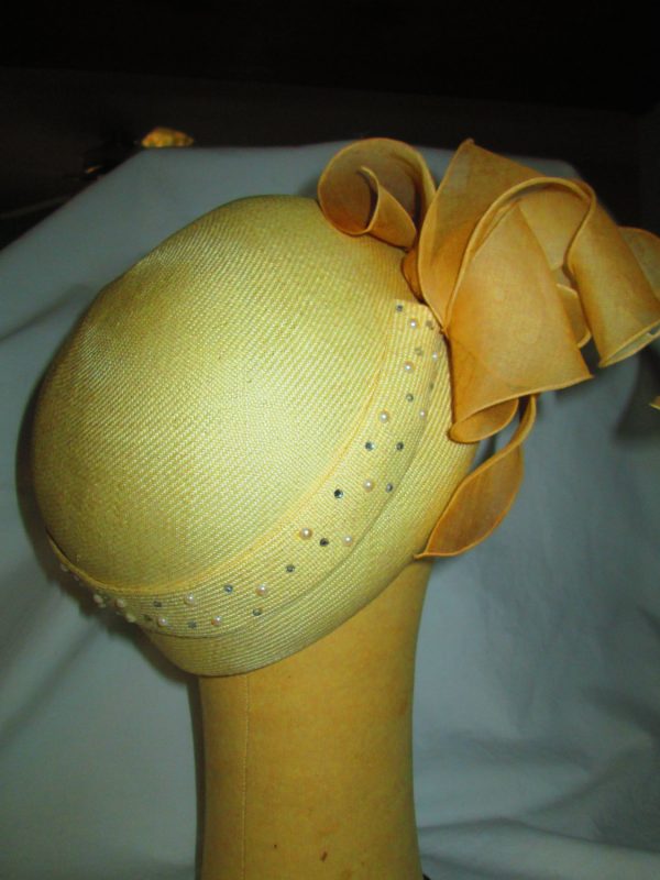 Beautiful Tom Hann fine quality straw woven hat with bow flowers rhinestone pearls and more Beiges