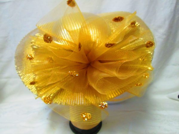 Beautiful True Gold Vintage Large Brim Hat Kentucy Derby Deborah Fashions Lots of Gold Trim