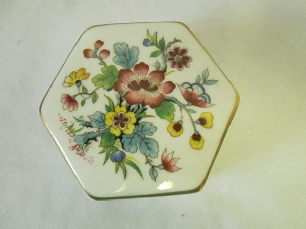 Beautiful Vintage Coalport Ming Rose Covered Trinket Dish England Trinket jewelry pin box fine bone china Hexagon shape Floral