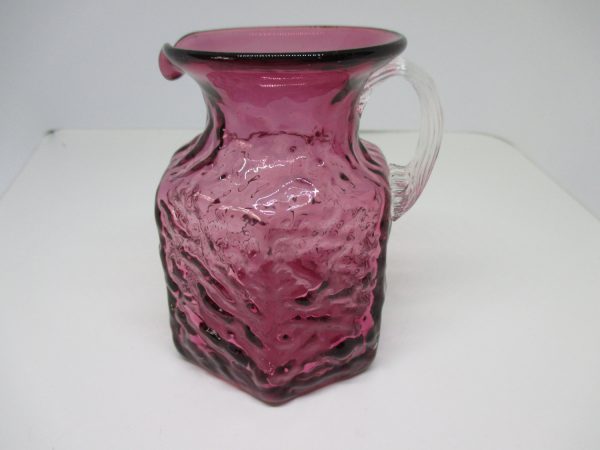 Beautiful Vintage Cranberry Glass Pitcher Miniature with applied ribbed clear handle