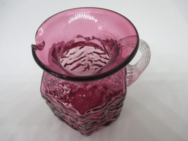 Beautiful Vintage Cranberry Glass Pitcher Miniature with applied ribbed clear handle