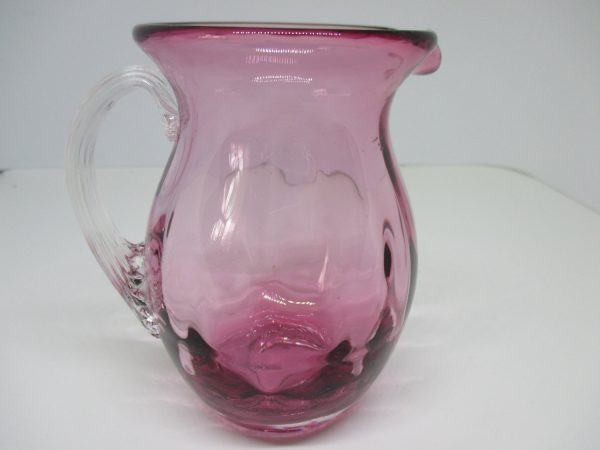 Beautiful Vintage Cranberry Glass Pitcher Miniature with applied ribbed clear handle Blown Glass