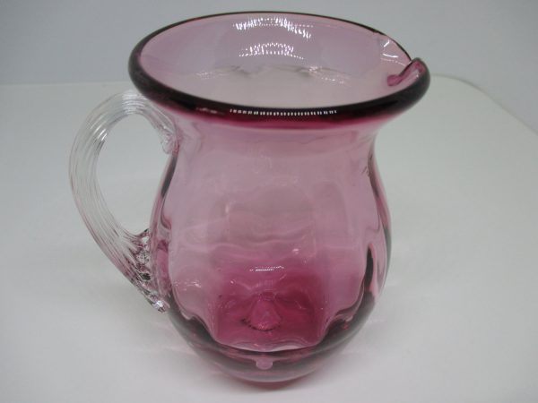 Beautiful Vintage Cranberry Glass Pitcher Miniature with applied ribbed clear handle Blown Glass