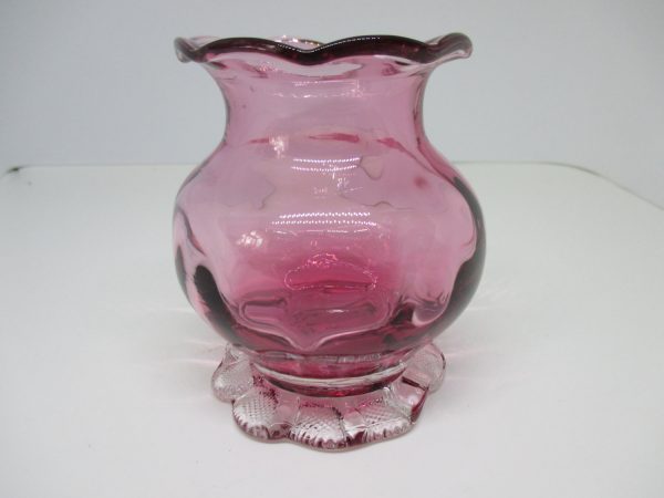 Beautiful Vintage Cranberry Glass Vase Miniature with applied ribbed clear handle Blown Glass