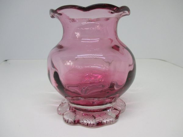 Beautiful Vintage Cranberry Glass Vase Miniature with applied ribbed clear handle Blown Glass