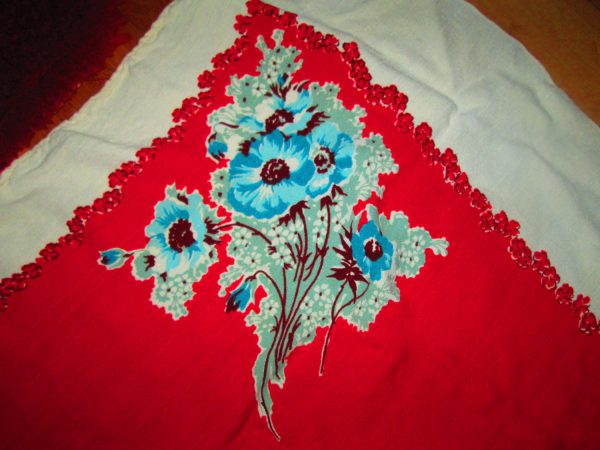Beautiful Vintage Linen Bright Red and white with Blue Roses...Fantastic  48" x 62"