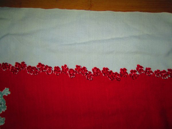 Beautiful Vintage Linen Bright Red and white with Blue Roses...Fantastic  48" x 62"