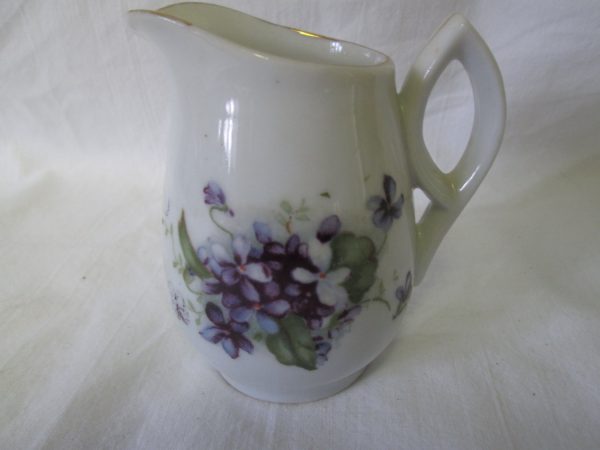 Beautiful Vintage Made in Japan Miniature Cream Pitcher with Violas or Violets Trimmed in Gold Fine bone china