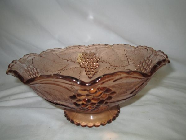 Beautiful Vintage Pink Brown Pedestal bowl grapes leaves and vines scalloped base large center serving bowl