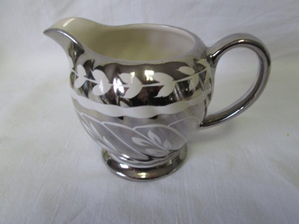 Beautiful Vintage Silver Luster Small Cream Pitcher Sadler England Beautiful white leaf pattern