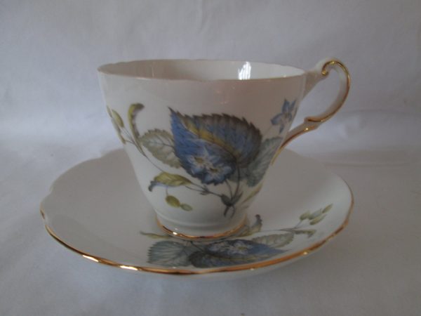Beautiful Vintage Tea Cup and Saucer Fine Bone China Regency English China Blue and green leaves berries flowers