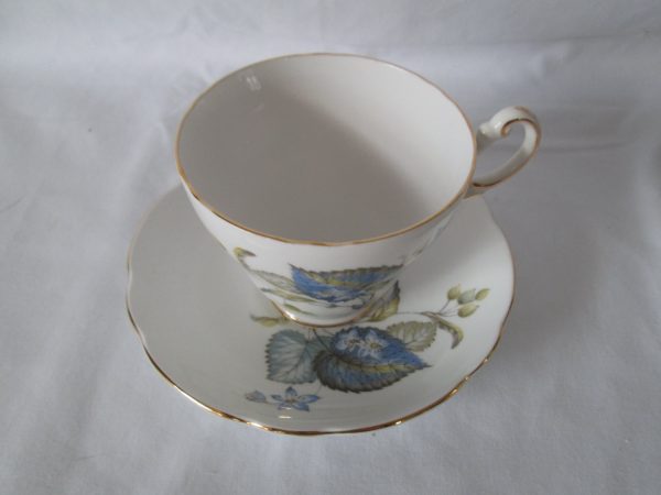 Beautiful Vintage Tea Cup and Saucer Fine Bone China Regency English China Blue and green leaves berries flowers