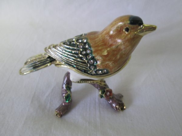 Beautiful Vintage Trinket Box Enameled bird on branch tons of rhinestones beautiful coloring