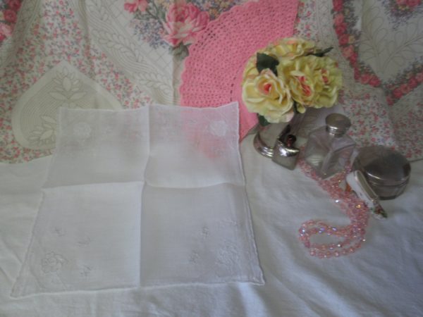 Beautiful Vintage Wedding Hanky Handkerchief embroidered with cut work white on white collectible display cottage shabby chic decor