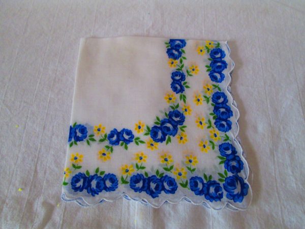 Bright Blue Floral Unused Mid Century Cotton Printed Hankie Handkerchief 11x11