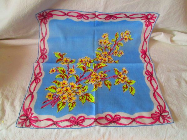 Bright Blue Floral Unused Mid Century Cotton Printed Hankie Handkerchief 15x15