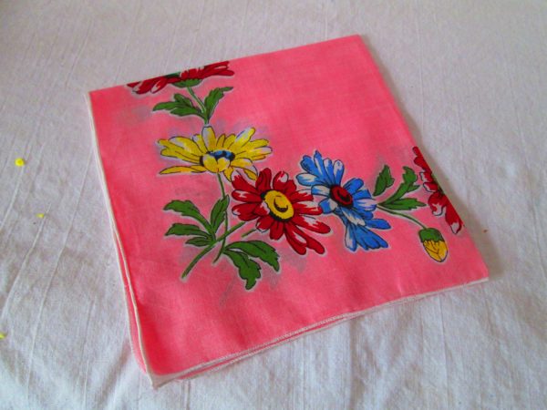 Bright Pink Floral Unused Mid Century Cotton Printed Hankie Handkerchief 12x12